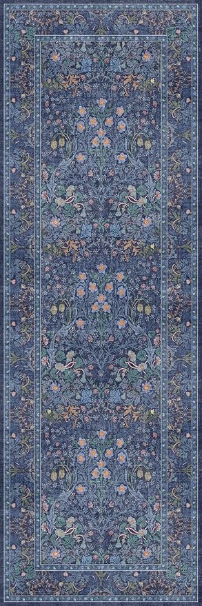 Non Slip 2x6 Dark Blue Kitchen Runner Rug - Long Runner Rugs 24 x 72 Washable Hallway Floor Mat, Bedroom Laundry Room Bathroom Runner - Dusky Navy Vintage Floral Design Décor