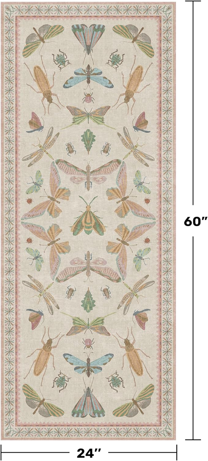 Boho Bathroom Runners - 2x5 Pink Rug for Kitchen, Entry Way, Hallway, Non Slip Washable Butterfly Insect Print Home Decor