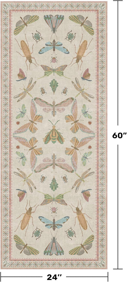 Boho Bathroom Runners - 2x5 Pink Rug for Kitchen, Entry Way, Hallway, Non Slip Washable Butterfly Insect Print Home Decor