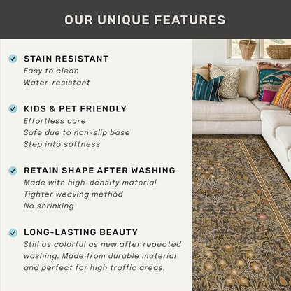 Brown Washable 2x4 Entry Rug - Front Door Rugs Indoor, Vintage Floral Style Small Rug for Kitchen, Bathroom, Non-Slip Boho Gold Entryway Décor