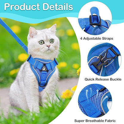Cat Harness and Leash for Walking Soft Cat Harness Escape Proof, Adjustable Kitten Harness Cat Leash Reflective Strips Jacket, Breathable Cat Vest Harness Set for Kitten Easy to Wear Outdoor Walking