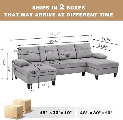 Chireca 111" Sectional Couch for Living Room, Modern Polyester Fibre U Shaped Sofa Couches with Double Chaise, Upholstered 4 Seater Sofa for Living Room, Apartment, Office, Light Grey