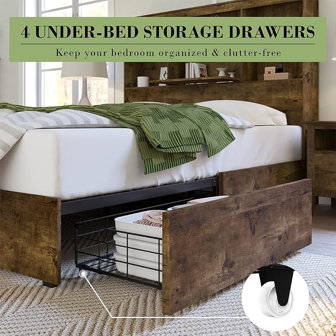 AMERLIFE Queen Size Bed Frame Wooden Platform Bed with 51.2" LED Storage Bookcase Headboard, 4 Storage Drawers & Charging Station/No Box Spring Needed/Noise Free/Rustic Brown