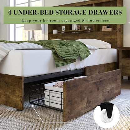 AMERLIFE Queen Size Bed Frame Wooden Platform Bed with 51.2" LED Storage Bookcase Headboard, 4 Storage Drawers & Charging Station/No Box Spring Needed/Noise Free/Rustic Brown