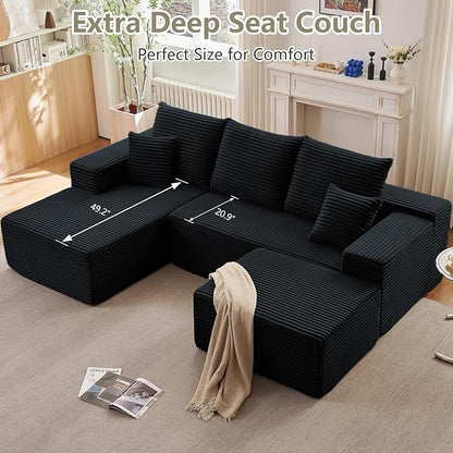 107" L-Shape Sofa with Ottoman, Modern Modular Sectional Comfy U-Shape Cloud Couch, Deep Seat, Upholstered Corduroy Sleeper Chaise Longue for Living Room Bedroom, No Assembly Required, Black