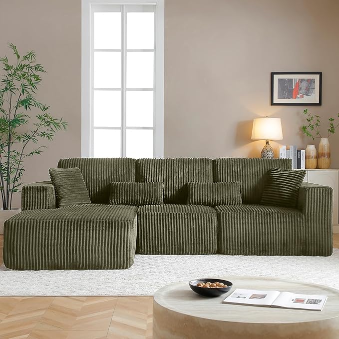 108" Boneless Cloud Sectional Couches for Living Room, Comfy Fluffy L Shaped Memory Foam Deep Seat Boneless Couch, Modular Sectional Sofa with Left Facing Chaise, Olive Green