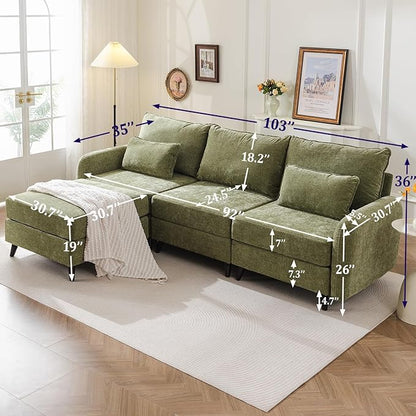 Rexulqo 104'' Modular Sectional Sofa with All Seats Storage, Oversized L Shaped Couch for Living Room,3-Seater Comfy Cloud Couches with Movable Ottoman,Big Sectional for Bedroom,Velet,Green