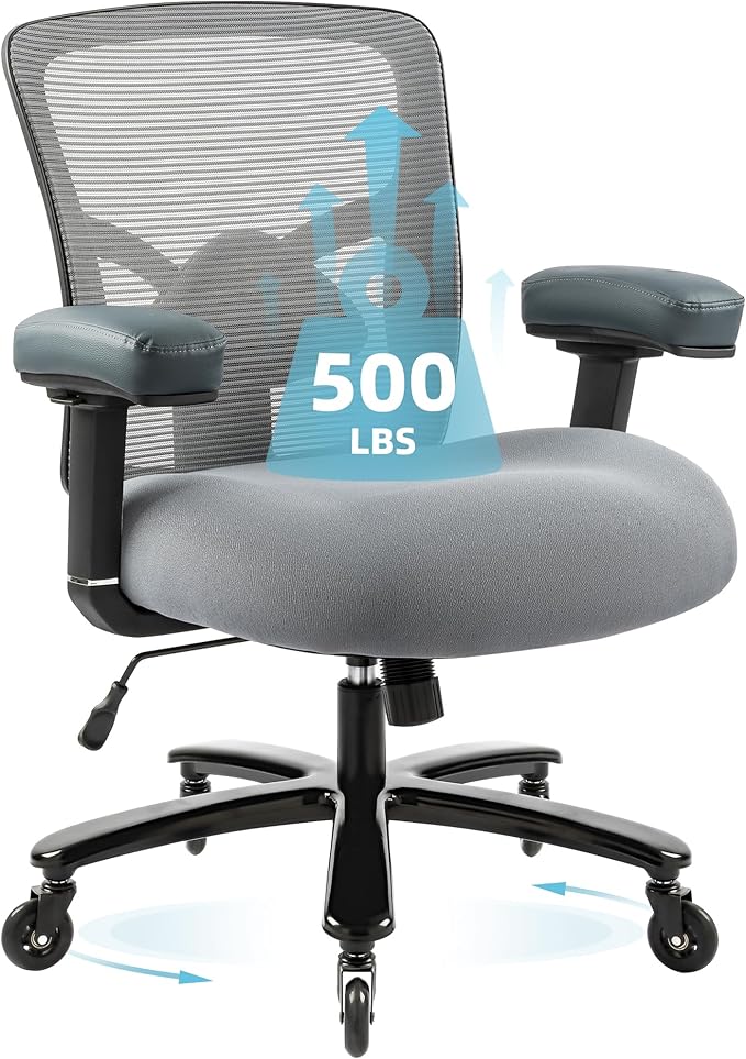 Big and Tall Office Chair 500lbs - Ergonomic Mesh Desk Chair, Heavy Duty Computer Chair-Wide Thick Seat Cushion, Adjustable Lumbar Support, Metal Base, Rubber Wheels, 4D Armrests, Grey