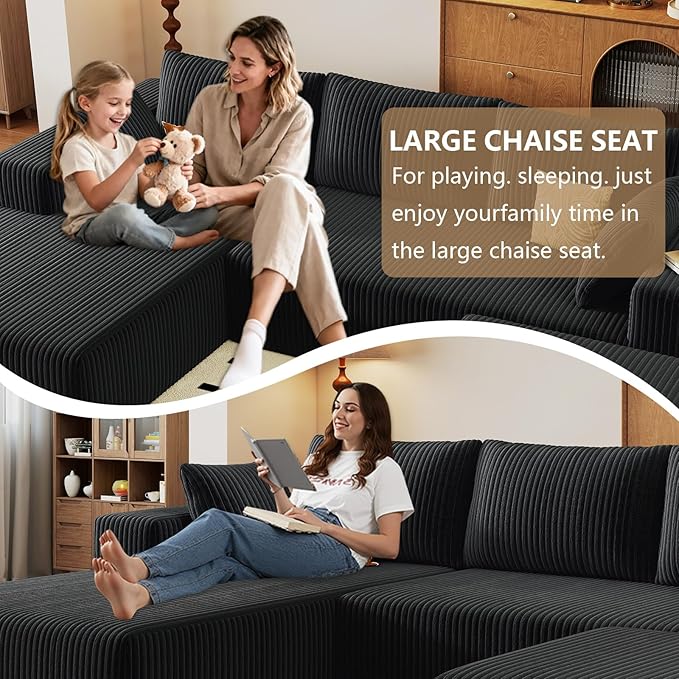96" U-Shape Cloud Couch, Modern Modular Sectional L-Shape Sofa with Ottoman, Corduroy Upholstered Couches Deep Seat Sleeper Chaise Longue for Living Room, No Assembly Required(Black, Left Facing)