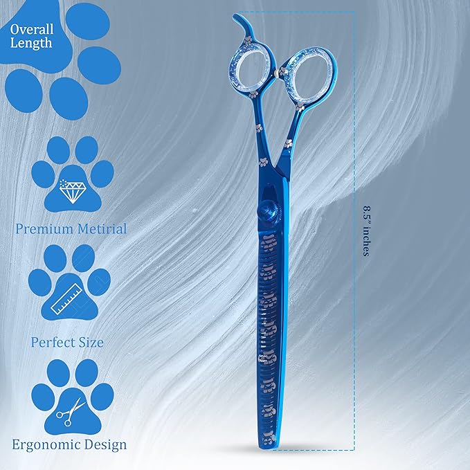 Professional Dog Grooming Thinning Scissors/Blender Shears with Paw Prints for Dogs, Cats & Pets (Right Handed, Blue, Stainless Steel 8 Inch)