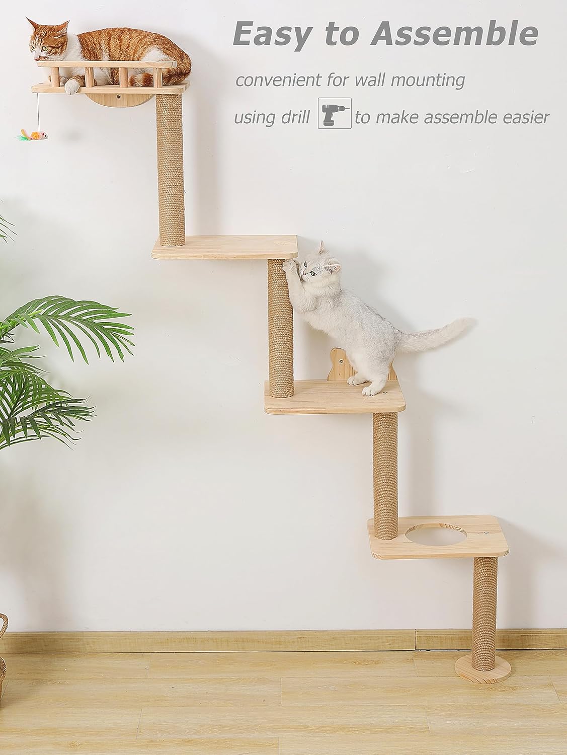 Cat Tree Wall Mounted with 4 Levels Shelves, 73" Wood Corner Tower Inside Kitten Playground for Climbing,Playing and Lounging (Right to Left)