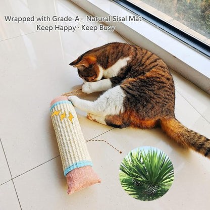 Interactive Cat Kicker Toy, 10 Inch Long Cat Scratcher Post, Natural Sisal Toy for Indoor Cats(Pink and Blue)