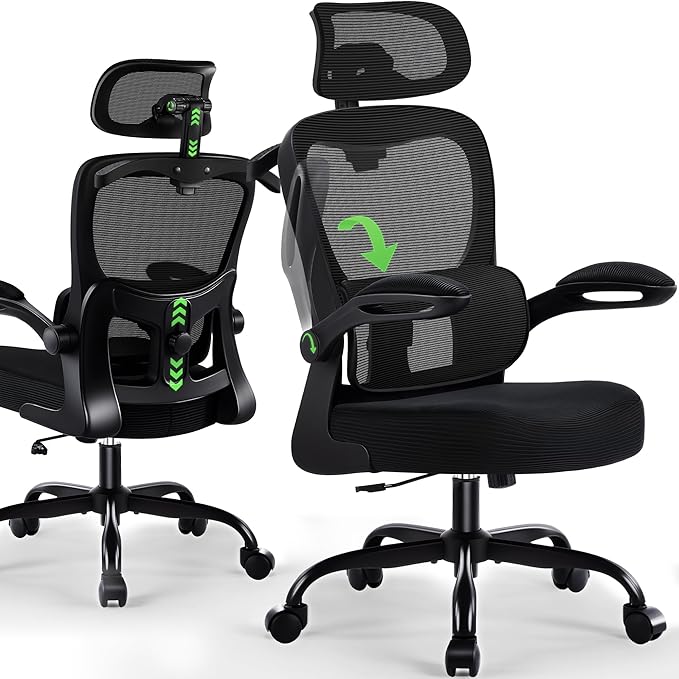 AreShark Office Chair Ergonomic Desk Chairs with Adjustable Lumbar Support& Headrest Hanger, High Back Breathable Mesh Chair with Wheels, Rolling Swivel Comfy Task Computer Chair for Home Work Gaming