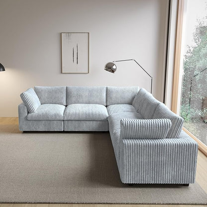 WJShome Modular Sectional Sofa/ 118inch Cloud Couches for Living Room/Soft Faux Rabbit Fur V Shaped Couch with Chaise,5 Seater Wide Convertible Sofa,Covers Washable&Replaceable,Grey