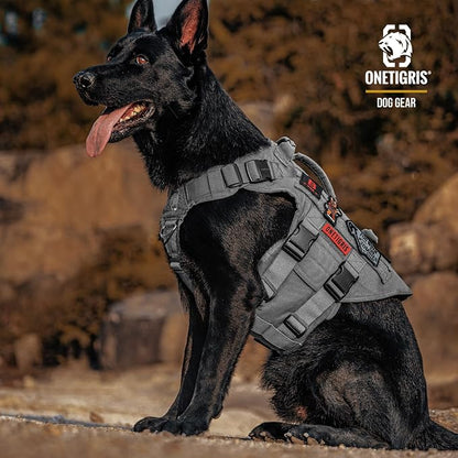 OneTigris Large Tactical Dog Harness, No Pulling Adjustable Dog Vest Harness, Heavy Duty Dog Harness with Handle, Large Hook and Loop Panels for Patch(Grey,S)