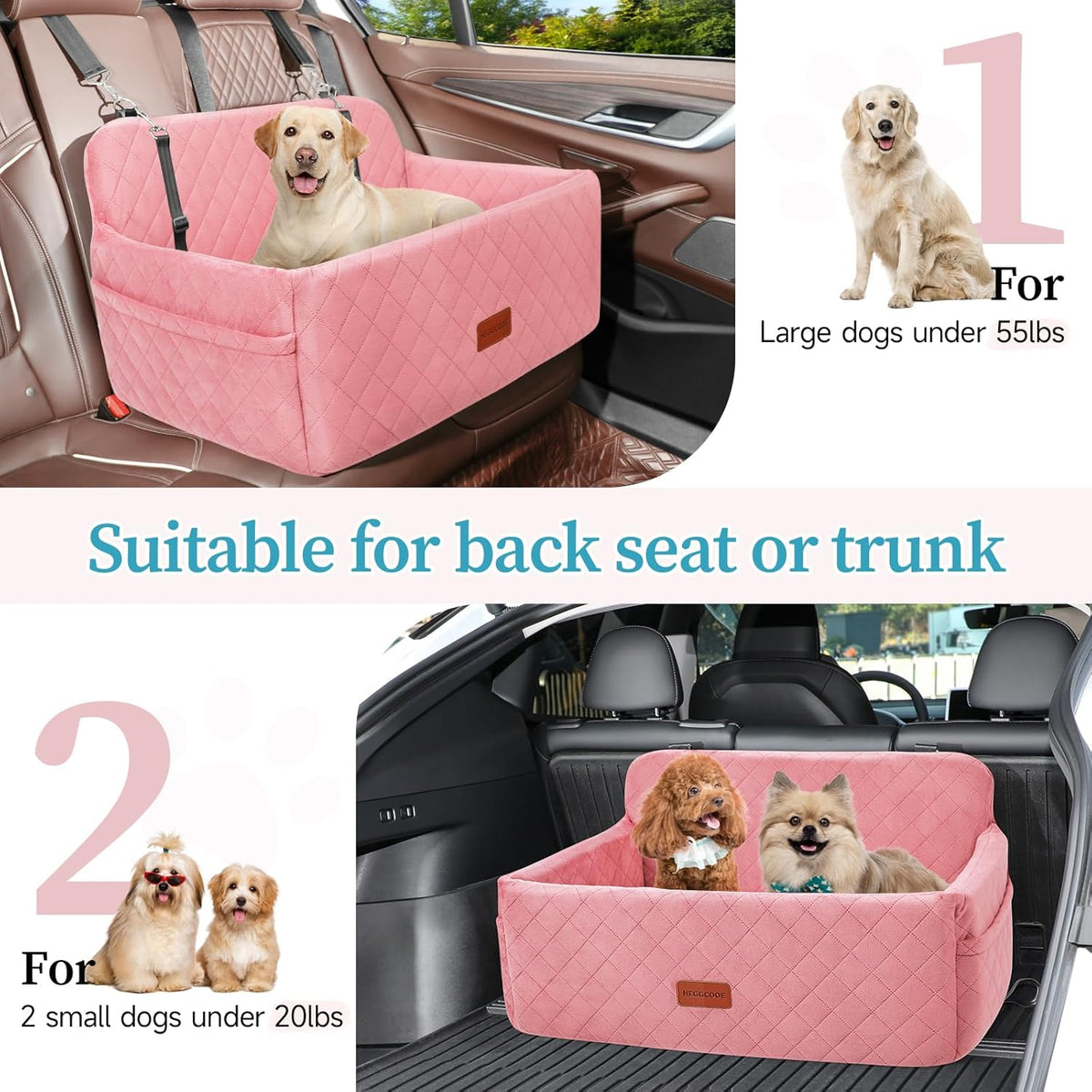 Dog Car Seat for Medium/Large Dogs, Pet Booster Seat for Under 55 lbs or 2 Small Dogs, Detachable & Washable Dog Car Bed for Backseat with 2 Safety Leashes (Pink)