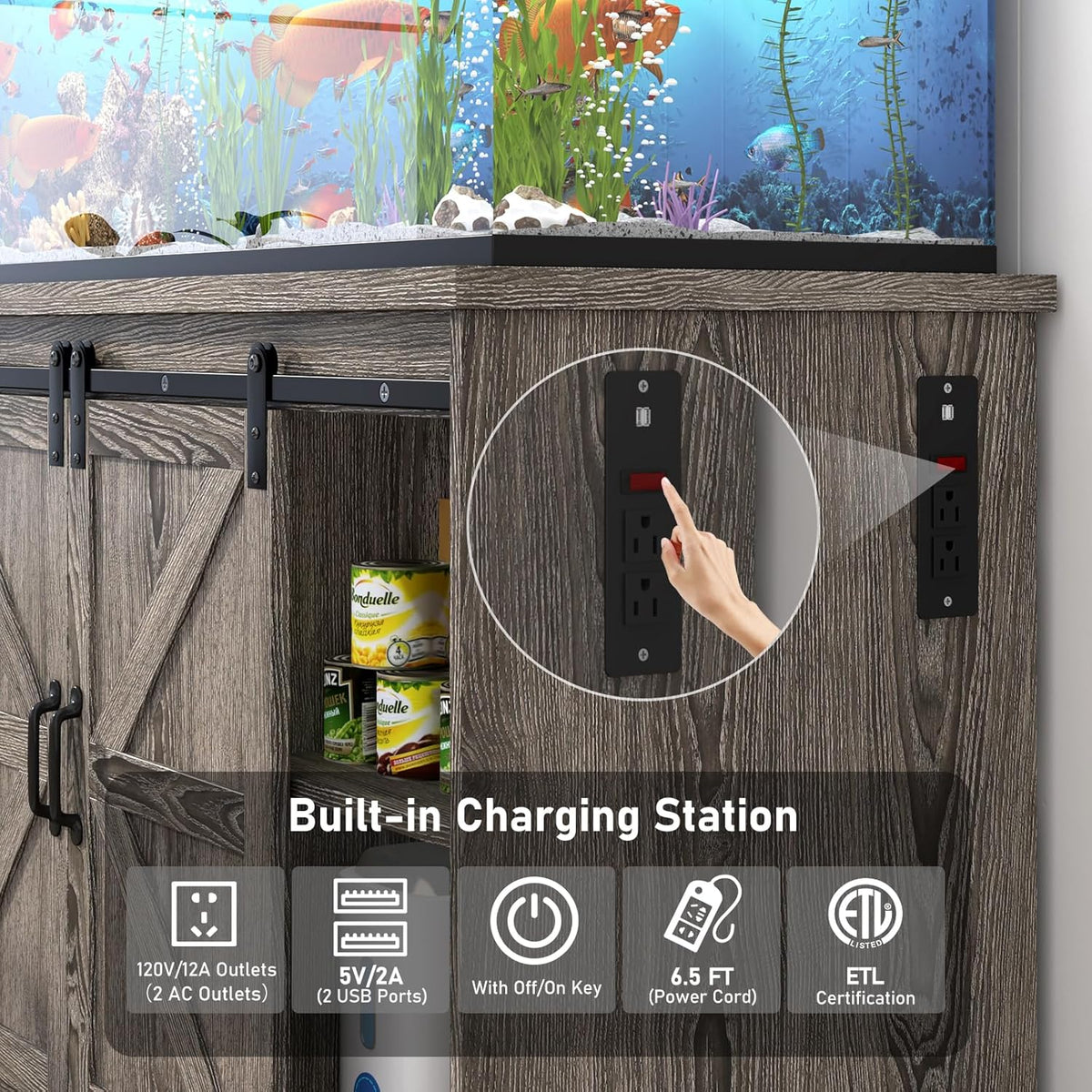 Farmhouse 55-75 Gallon Fish Tank Stand with Power Outlet, Aquarium Stand with Cabinet&Sliding Barn Door, Heavy Duty Reptile Tank Stand for 2 Fish Tank/Turtle Tank/Reptile Terrarium, Grey