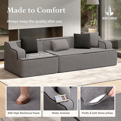 HERA'S HOUSE 105" Cloud Sectional Couch, Modular Upholstered Sofa with Wide Armrest, Corduroy Boneless Couches with 4 Throw Pillows for Living Room, No Assembly Required, Grey