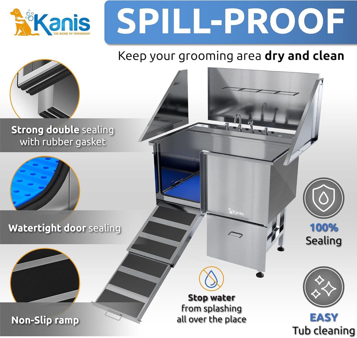 KANIS Professional Dog Washing Station - 304 Stainless Steel Pet Wash Sink & Grooming Bath Tub for Home with Ramp, Shower, Floor Grate, Storage Drawer, Faucet, Drain Kit for Large, Medium & Small Pets