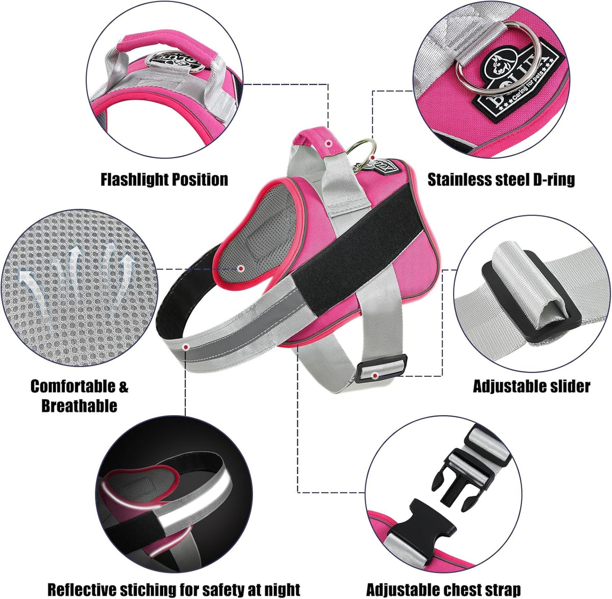 Bolux Dog Harness, No-Pull Reflective Dog Vest, Breathable Adjustable Pet Harness with Handle for Outdoor Walking - No More Pulling, Tugging or Choking (Fuchsia, Small (Pack of 1))