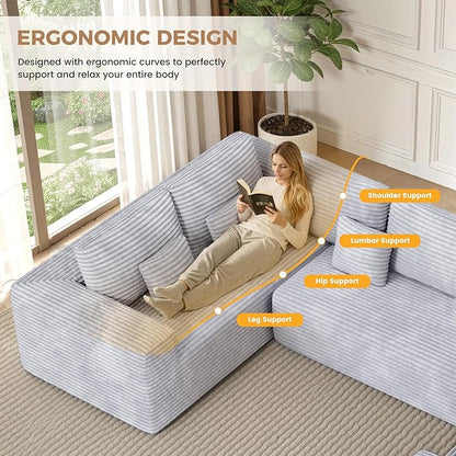 136'' Large Sectional Cloud Couches with Chaise, U Shaped Boneless Sofa Bed with Ottoman, No Assembly Required Deep Seat Modular Lounge for Living Room 4PCS Set, Bedroom(Light Grey)