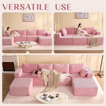 138" Boneless Couch with Deep Seat, Modular Sectional Sofa, Cloud Sectional Couch for Living Room, No Assembly Required, Corduroy, U-Shape 4 Seater Right, Pink
