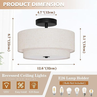 2 Light Semi Flush Mount Ceiling Light Fixture 12.6 Inch Modern Black Drum Ceiling Light Fixture with 2-Layer Fabric Shade Dimmable Close to Ceiling Light for Living Room Hallway Bedroom Entryway