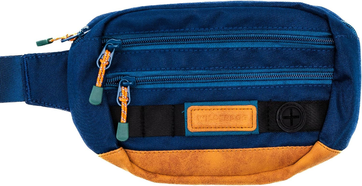 Wilderdog Utility Fanny Pack stores Treats, Balls, Keys in 3 Pockets with adjustable strap and Poop Bag dispenser (Pacific Blue)