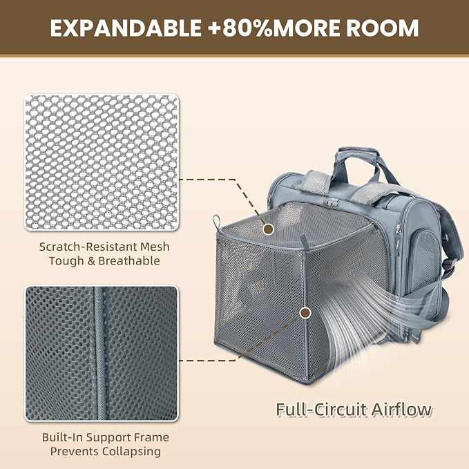 Expandable Cat Carrier Backpack for Large Cats - Airline Approved Pet Carrier Backpack for Small Dogs, Hiking & Travel, Waterproof with Breathable Mesh, 14lbs Capacity (Light Grey, Standard)