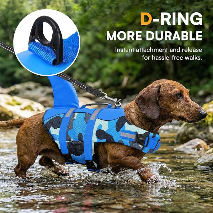 Dog Life Jacket Ripstop Dog Shark Safety Vest Adjustable Preserver with High Buoyancy and Durable Rescue Handle for Small,Medium,Large Dogs, Blue Camouflage X-Small