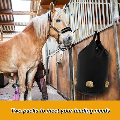 2 Pcs hay Bags for Horses Goats Slow Feed 1680D Oxford Bag Black Large Capacity Net Open Feed Hole Hay Holder for Horse Goats Sheep(5 Holes)