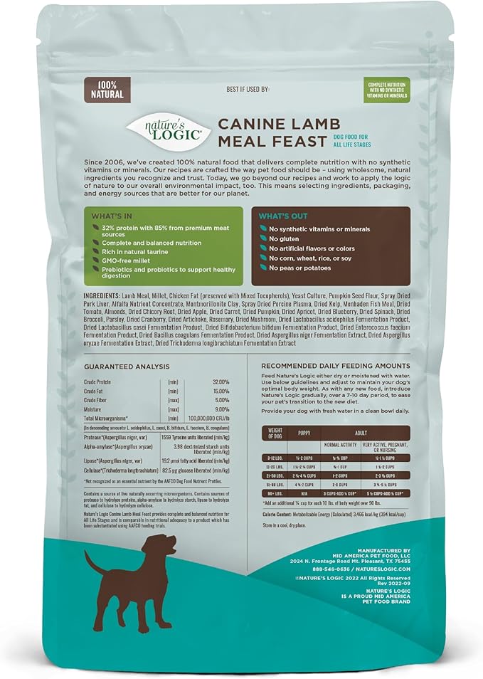 Nature's Logic Dry Dog Food - 100% Natural - No Synthetics - For All Ages, Sizes, Breeds - Free From Common Allergens, High Protein - Lamb Meal Feast, 4.4lbs