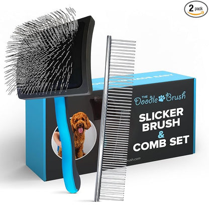 The Doodle Brush Dog Grooming Kit Slicker Brush, Dog Comb Set, Detangler | Extra Long Pins Brushes, Removes Mats, Curly Coats, Stainless Steel Combs, Ergonomic Handle, Gentle Care, Dematting Tools