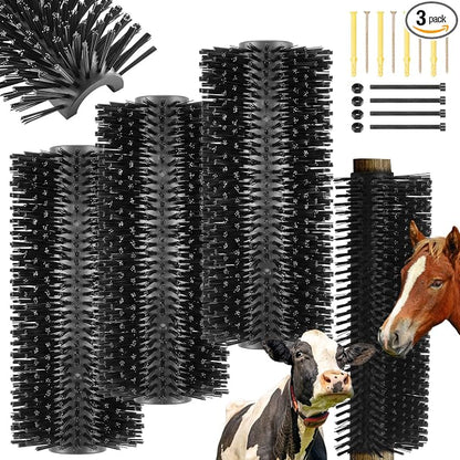 3 Pack Livestock Scratching Brush, Black | Animal Scratcher, Itch Relief Grooming, Horse Goat Cow Scratcher, Fence Post Mounting, Durable Bristles, Farm Livestock Care