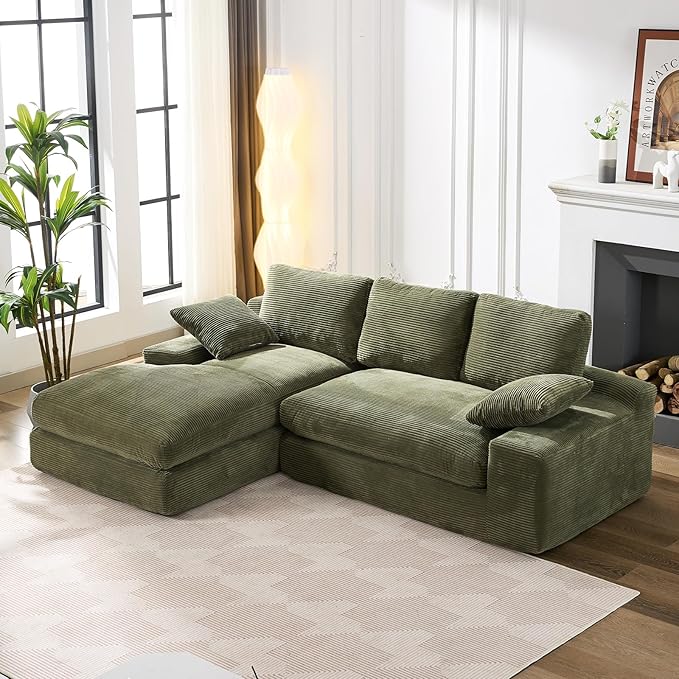 98.4" Green Sectional Sofa Cloud Modular Sectional Couch with Chaise,Corduroy Sectional Couches L-Shaped Modern Upholstered Sofa with Deep Seat for Living Room and Bedroom,No Assembly Required(Green)