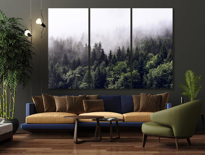 Nature Wall Art Prints - Ocean Forest Mountain Lake Canvas Landscapes - Small to Extra Large Living Room Bedroom Kitchen Bathroom Décor (Foggy Pine Forest, 60x40 Inches - 5 Panels)