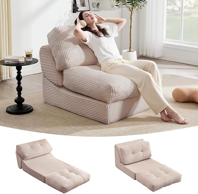 Tbfit Folding Sofa Bed, Convertible Sleeper Chair with Large Pillow, Corduroy Folding Couch Bed, Portable & Foldable Mattress Boneless Floor Sofa for Living Room, Bedroom, Office, Khaki, Single