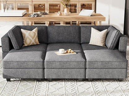 Belffin Terry Fabric Modular Sectional Sleeper Sofa Bed with Storage Convertible Sectional Couches for Living Room 6 Seaters Dark Grey Modular Sofa