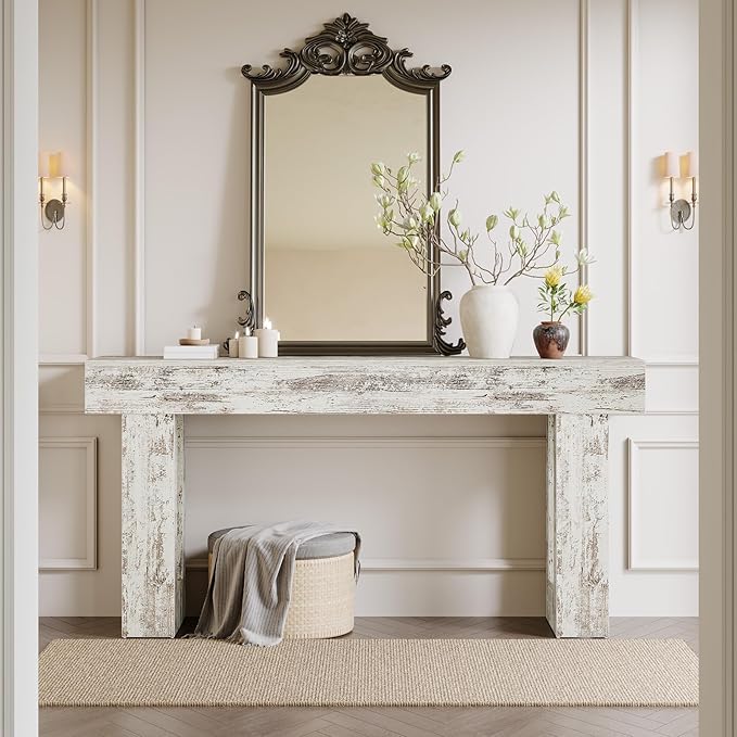 Tribesigns 63-Inch Long Console Table, Farmhouse Wooden Sofa Table Behind The Couch, Narrow Entryway Table for Entrance, Hallway, Living Room (Distressed White)
