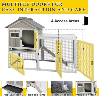 47''L Rabbit Hutch Outdoor Chicken Coop with Run, Wooden Indoor 2 Story Bunny House with Waterproof Roof, Pull Out Tray, Guinea Pig Rabbit Duck Cage for Small to Medium Animals and Pet Lover, Gray