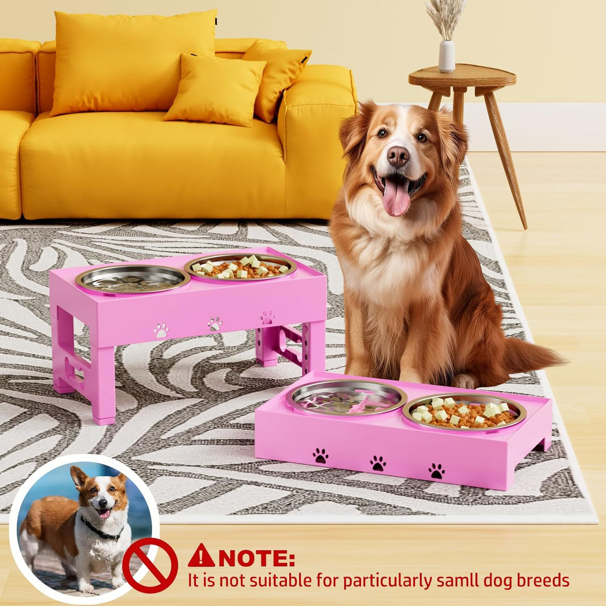 Elevated Dog Bowls with 2 Stainless Steel Bowls, Raised Dog Food Bowl Stand 5 Height Adjustable (3.1", 9", 10", 11", 12") Non-Slip Feeder Set for Medium and Large Dogs - Pink