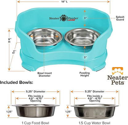 Neater Pet Brands Neater Feeder Deluxe Mess Proof Cat Bowls Elevated, Made in USA, No Spill Raised Bowls for Indoor Cats, Stainless Steel Food and Water Bowl Set, Pet Dish Feeding Station, Aquamarine