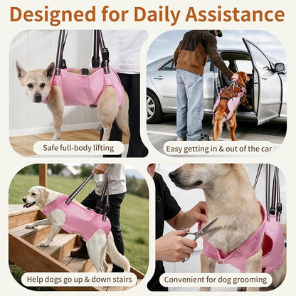 Full Body Dog Lift Harness, Support Senior & Disabled Dogs Walking | Help Up & Down Stairs Grooming, Dog Sling Backpack, Front Hind Leg Joint Injuries, Reflective, Soft Padded Handle | Pink, L