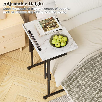 Fleecy day TV Tray, Folding TV Dinner Table, Adjustable Small C-Shaped End Tray for Eating, Foldable Slide Under Couch Side Table for Recliner, Living Room,No Assembly Required(White Marble,2Pcs)