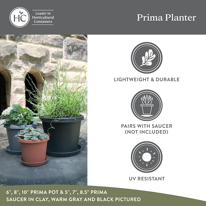 The HC Companies 10 Inch Prima Round Planter Pots with Drainage Holes and Rolled Rim, Lightweight UV-Resistant Plastic Indoor & Outdoor Planters, 2-Pack Flower Pots for Garden & Home Decor, Warm Gray