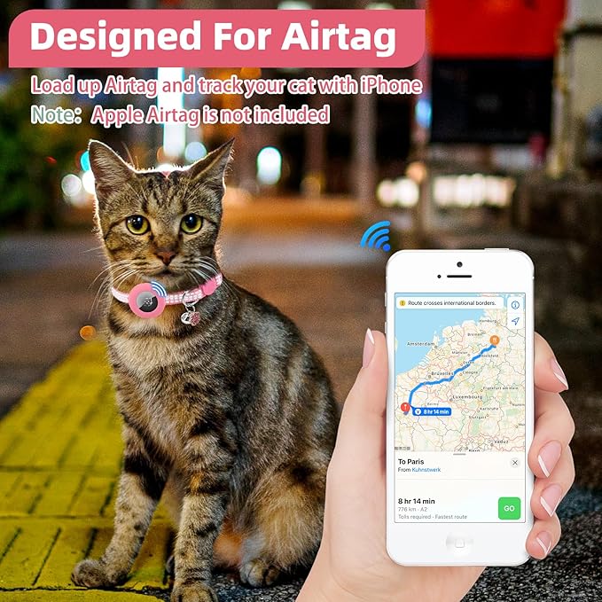 PUPTECK Airtag Cat Collar Breakaway 2 Pack with Bells, Reflective Kitten Collar with Air Tag Holder for Boy Girl Kitty and Puppies, Soft, Pink