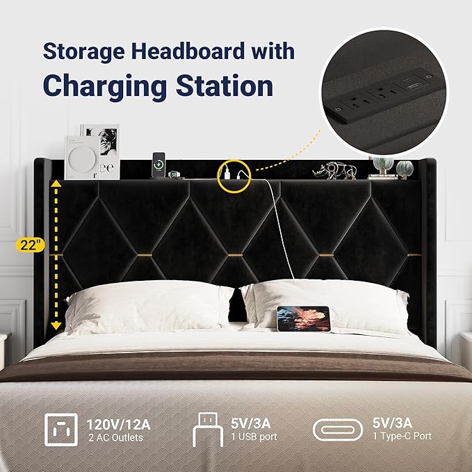 Allewie Velvet Queen Upholstered Bed Frame with Wingback Storage Headboard & Charging Station, Platform Bed with Diamond Tufted Design & Gold Trim, No Box Spring Needed, Easy Assembly, Black