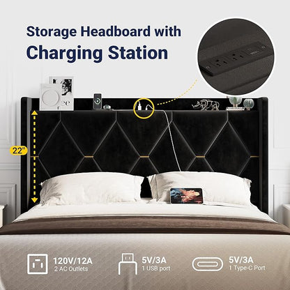 Allewie Velvet Queen Upholstered Bed Frame with Wingback Storage Headboard & Charging Station, Platform Bed with Diamond Tufted Design & Gold Trim, No Box Spring Needed, Easy Assembly, Black
