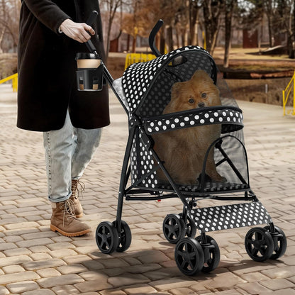 Magshion Compact Pet Stroller for Small-Medium Dogs/Cats up to 22lbs, 4-Wheel Lightweight Umbrella Shaped Portable Puppy Travel Jogger with Breathable Mesh, Cup Holder & Rear Storage, Black Polka Dots
