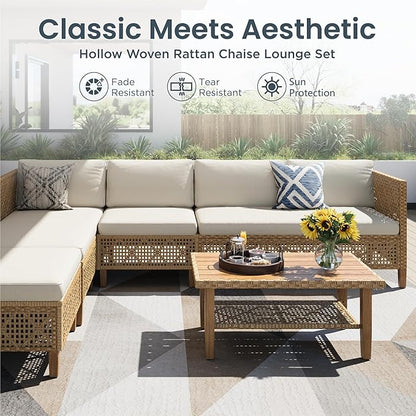 PHI VILLA Sectional Outdoor Couch, Small Patio Furniture Set with Cushions and Acacia Wood Coffee Table, U-Shaped Wicker Outdoor Sofa for Deck or Porch, 6 Seats, Beige